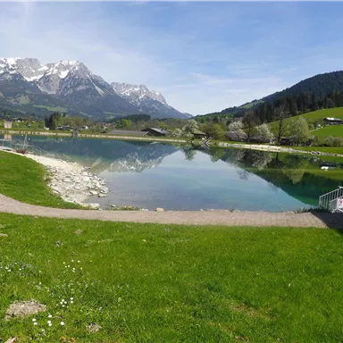 Ein ruhiger See umgeben von grünen Wiesen und majestätischen Bergen. Der Himmel ist klar und sonnig, ideal für einen entspannten Tag in der Natur.