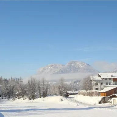 A snowy landscape with mountains in the background. Quiet houses and trees are also visible.