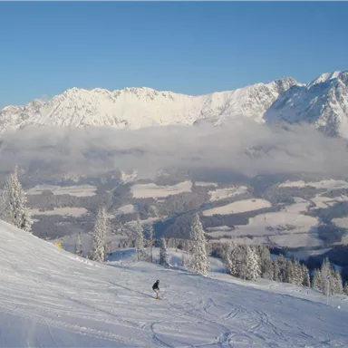A snowy mountain landscape with scattered trees. A skier goes down the slope, while the mountains in the background majestically rise into the sky.
