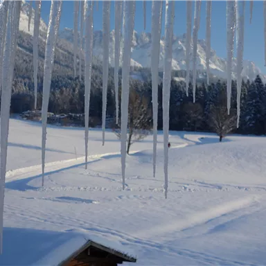 A wintry landscape with snow-covered fields and majestic mountains in the background. Icicles hang from a roof above the snow-covered ground.