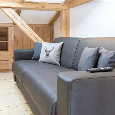 Ein modernes Wohnzimmer mit einem grauen Sofa und Kissen. Im Hintergrund sind Holzmöbel und eine gemütliche Atmosphäre zu sehen.