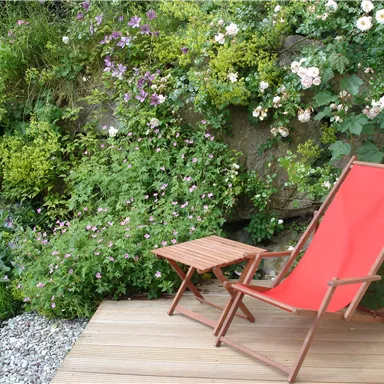 A comfortable red deck chair stands on a terrace. Surrounded by green plants and colorful flowers, the place offers a relaxed atmosphere.