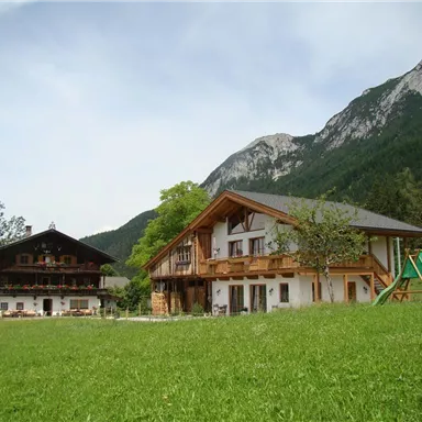 Zwei traditionelle alpine Häuser in einer grünen Wiese, umgeben von Bergen. Ein Spielplatz ist im Vordergrund sichtbar.