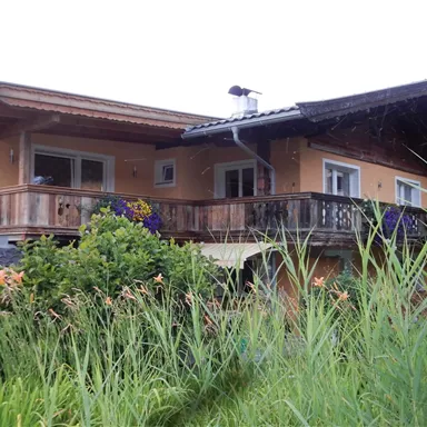 Ein schönes Haus mit einem Balkon und vielen Pflanzen. Im Hintergrund sind Berge zu sehen.