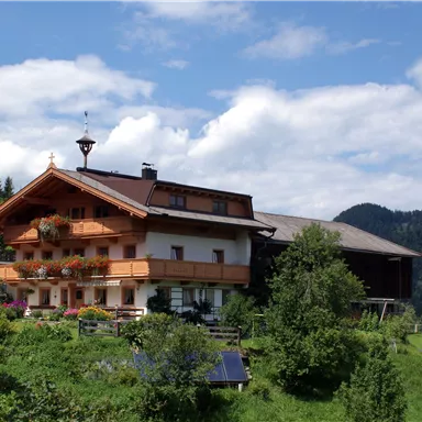 Ein malerisches Haus im ländlichen Raum, umgeben von Bäumen und Wiesen. Im Hintergrund sind sanfte Berge und ein klarer Himmel zu sehen.