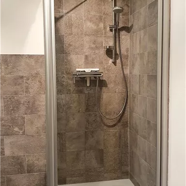 A modern shower with transparent doors and a rain shower head. The walls are tiled in a warm, earthy color.