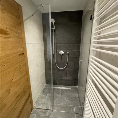 Eine moderne Dusche mit Glaswand und grauen Fliesen. Im Hintergrund ist ein Handtuchheizkörper und eine Holztür sichtbar.