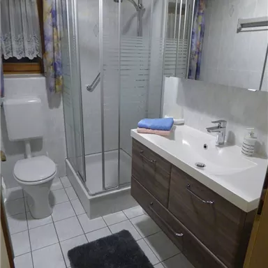 Ein modernes Badezimmer mit einer Duschkabine und einem Waschbecken. Es gibt eine Toilette und helle Fliesen für einen sauberen Eindruck.