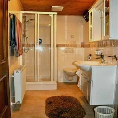 Ein kleines Badezimmer mit Dusche, Waschbecken und WC. Es gibt gepflegte Einrichtungen und eine angenehme Dekoration.