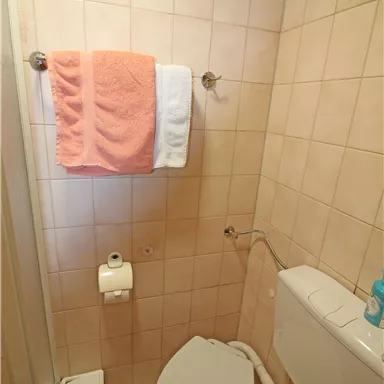 Ein kleines Badezimmer mit einer Dusche, Toilette und Handtüchern. Die Wände sind hell gefliest und es gibt einen kleinen Abfalleimer.