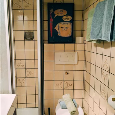 Ein kleines Badezimmer mit einer Dusche und einer Toilette. An der Wand hängt ein lustiges Bild und neben der Toilette liegen Handtücher.