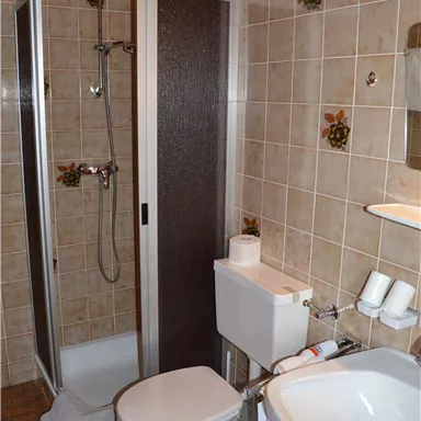 Ein kleines Badezimmer mit einer Dusche, einem WC und einem Waschbecken. Die Wände sind mit Fliesen dekoriert und es gibt praktische Ablageflächen.