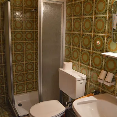 Ein kleines Badezimmer mit einer Dusche, einer Toilette und einem Waschbecken. Die Wände sind mit bunten Fliesen dekoriert.