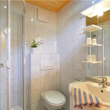 A modern bathroom with a shower, a sink, and a toilet. Bright tiles and a minimalist design create an inviting atmosphere.