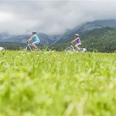 Eine Gruppe von Radfahrern fährt durch eine grüne Landschaft. Im Hintergrund sind Berge und bewölkter Himmel zu sehen.