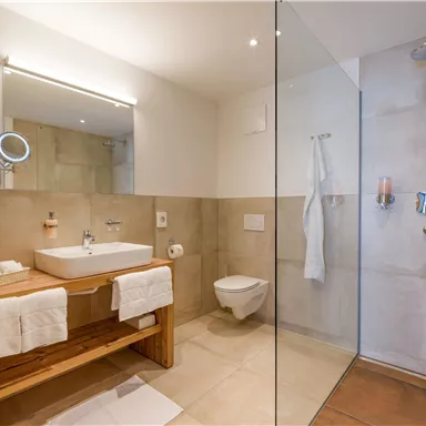 A modern bathroom with a wooden wash basin and a large mirror. The shower is separated by a glass partition and the room is bright and inviting.