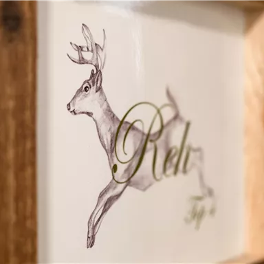 An artistic image of a jumping deer. Above it is the word "Deer" in elegant font.