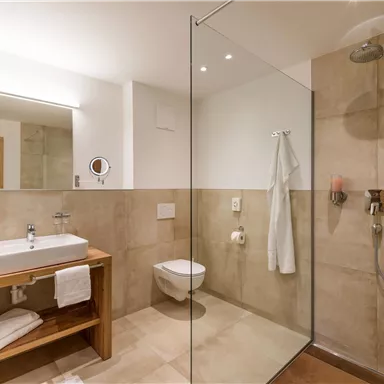 A modern bathroom with a glass shower and an elegant sink. Soft towels and wooden shelves create a stylish atmosphere.