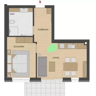 A floor plan drawing of an apartment with one bedroom, one bathroom, a living area, and an entrance hall. The rooms are functionally arranged and sketched with furniture.