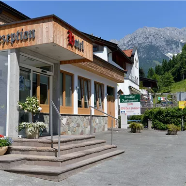 An inviting hotel with wooden cladding and a lovely entrance staircase. In the background, green mountains and a clear blue sky are visible.