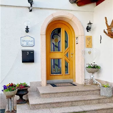 An inviting front door with an arched frame in a warm wood tone. It includes flower containers and a relaxed atmosphere.