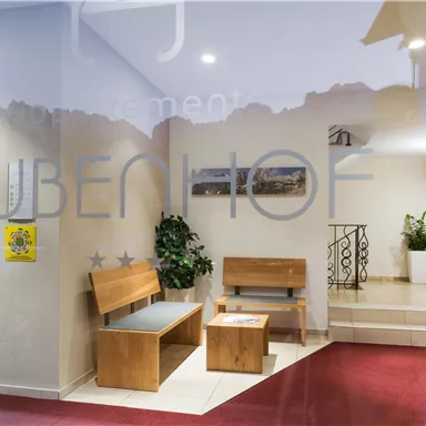 A bright entrance area with modern wooden furniture. In the background, plants and a staircase are visible.