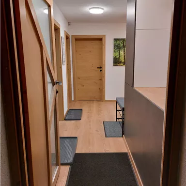 An inviting hallway with wooden doors and a bright floor. On the left side are mats and a hook for coats.