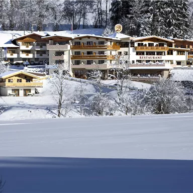 A cozy hotel in a snowy winter wonderland. The surroundings are calm and picturesque, perfect for a stay in nature.