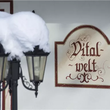 A sign reading "Vital-world" is attached to a wall. In the foreground, there is a lantern with snow on it.