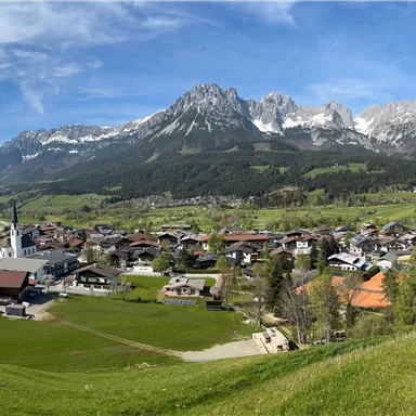 A picturesque landscape with a small village and majestic mountains in the background. The sky is clear and blue, and the greenery of the meadows adds a fresh touch to the scene.