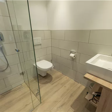Ein modernes Badezimmer mit einer gläsernen Dusche, einem Waschbecken und einem WC. Die Wände sind hell gefliest und der Boden ist aus Holz.