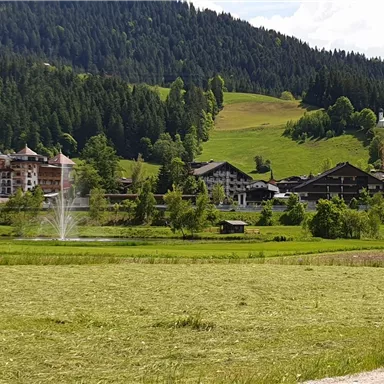 A picturesque landscape with a pond and a fountain. In the background, hills and traditional buildings can be seen.