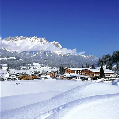 A snowy landscape with mountains in the background. Small houses and trees are visible in the white winter world.