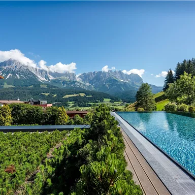 A modern pool with a view of the mountains and green meadows. In the background, a wooden building is visible, surrounded by nature.