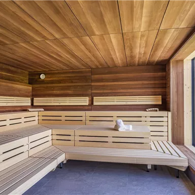 A modern sauna room with wooden paneling and large windows. The view shows an impressive mountain landscape.