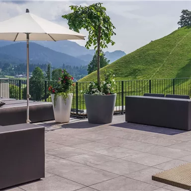 An elegant terrace with modern seating and umbrellas. In the background, there is a green meadow and mountains visible.