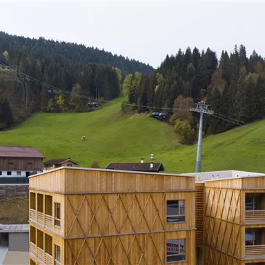 Ein modernes Holzgebäude in den Bergen mit grünen Wiesen und Bäumen im Hintergrund. Eine Seilbahn ist ebenfalls sichtbar, die hinauf zum Berg führt.