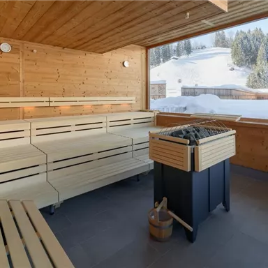 A bright sauna with a wooden bench and a stove. Through the window, you can see snow-covered mountains.