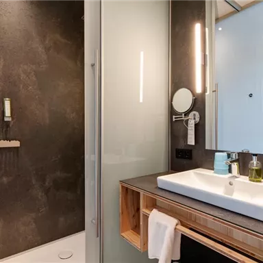 A modern bathroom with a shower and an elegant sink arrangement. The walls are in dark shades, complemented by bright lighting.