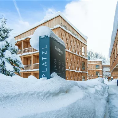 A picturesque hotel in the snow with modern wooden facades.  
The wintry landscape and deeply snow-covered surroundings create a cozy atmosphere.