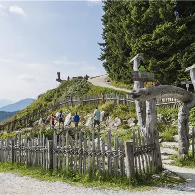 Eine Gruppe von Menschen erkundet eine historische Stätte auf einem Berg. Im Hintergrund sind grüne Wälder und Berge zu sehen.