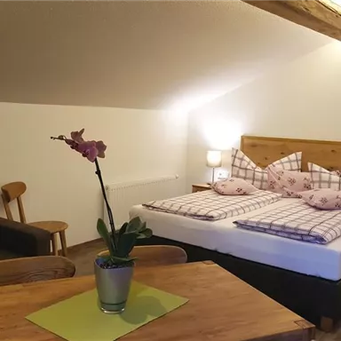 A cozy bedroom with a double bed, a couch, and a table. There is a plant on the table and soft lighting.