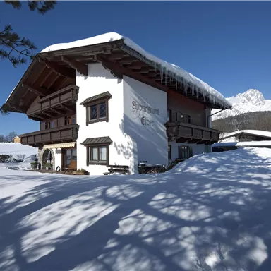 A charming house in the snow, surrounded by a picturesque winter landscape. The mountains are visible in the background and the sky is clear and blue.