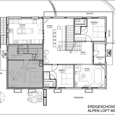 A floor plan of the ground floor of a residential house with an open living area, kitchen, and several bedrooms. Different areas are clearly defined, including terraces and a balcony.