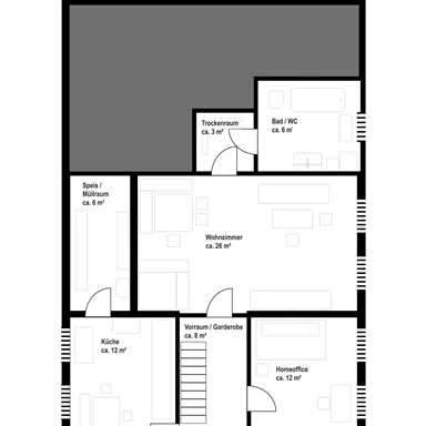Eine Grundrissskizze eines Erdgeschosses mit verschiedenen Räumen. Die Räume sind Küche, Wohnzimmer, Bad, und ein Treppenbereich.