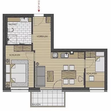 An apartment floor plan with two bedrooms, one bathroom, and a balcony. The space is designed in an open plan with a living room and a kitchen.