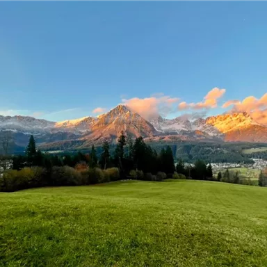 A picturesque landscape with green meadows and majestic mountains in the background. The sky is clear, and the clouds glow in soft colors.