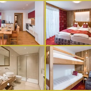 Eine gemütliche Ferienwohnung mit verschiedenen Räumen. Die Ausstattung umfasst einen Essbereich, ein Schlafzimmer, und ein modernes Badezimmer.