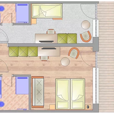 An apartment layout with two bedrooms, a living room, and two bathrooms. The rooms are functionally arranged and provide space for a cozy setup.