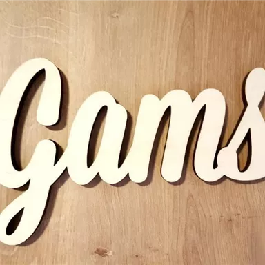 A decorative word "Gams" made of light wood on a wooden background. The letters are designed in a curvy font.